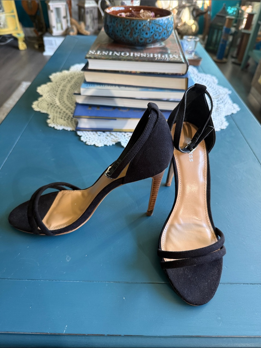 Express Black Suede Open-Toe Ankle Strap Stiletto Heels